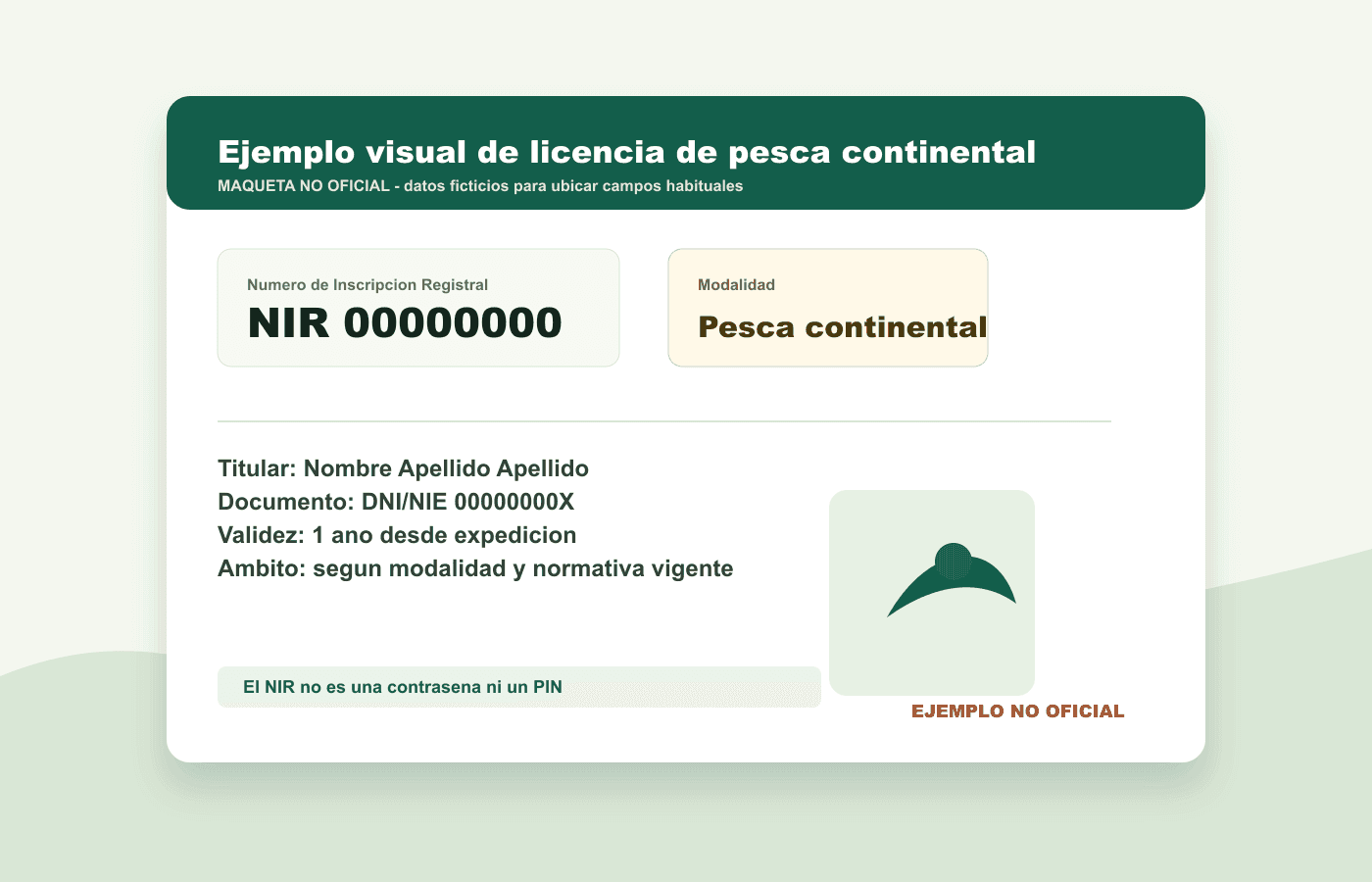 Maqueta no oficial de licencia de pesca continental con el campo NIR destacado