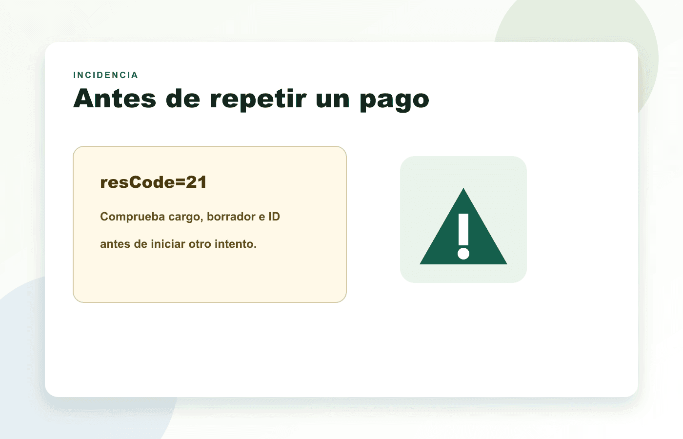 Ilustración del error resCode=21 antes de repetir un pago online